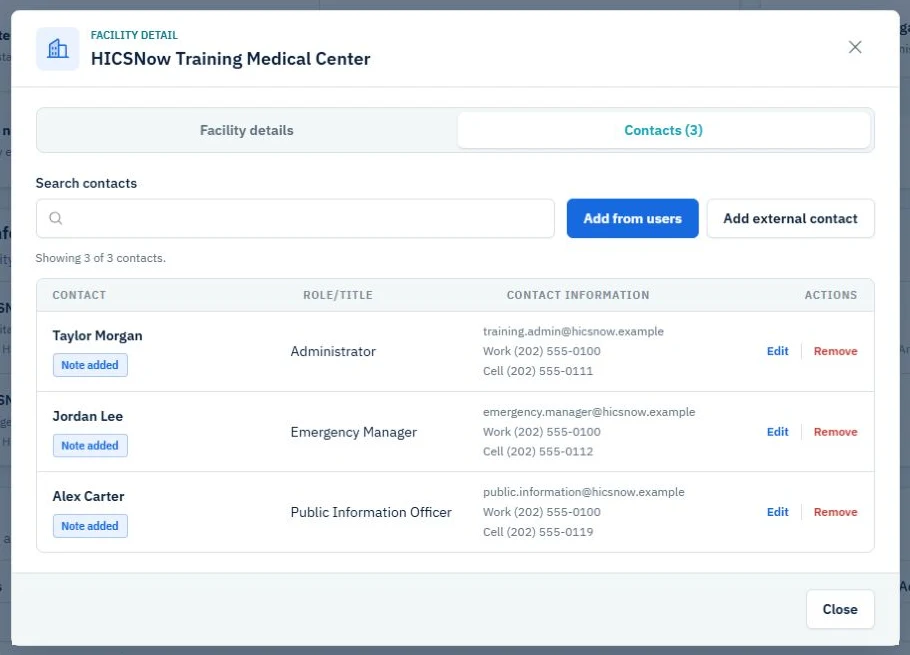 Facility contact directory showing linked users and an external fictional contact