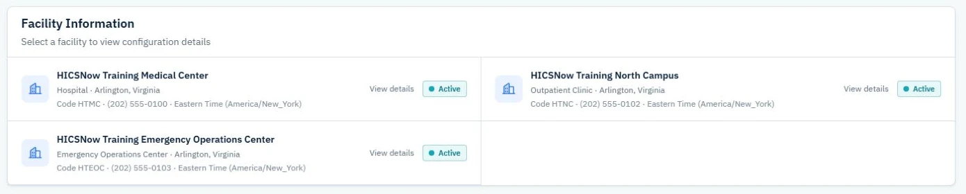 Facility Information card listing three fictional HICSNow training facilities