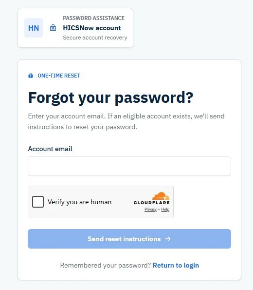 Forgot-password form showing the account email field, security verification, and reset-instructions button