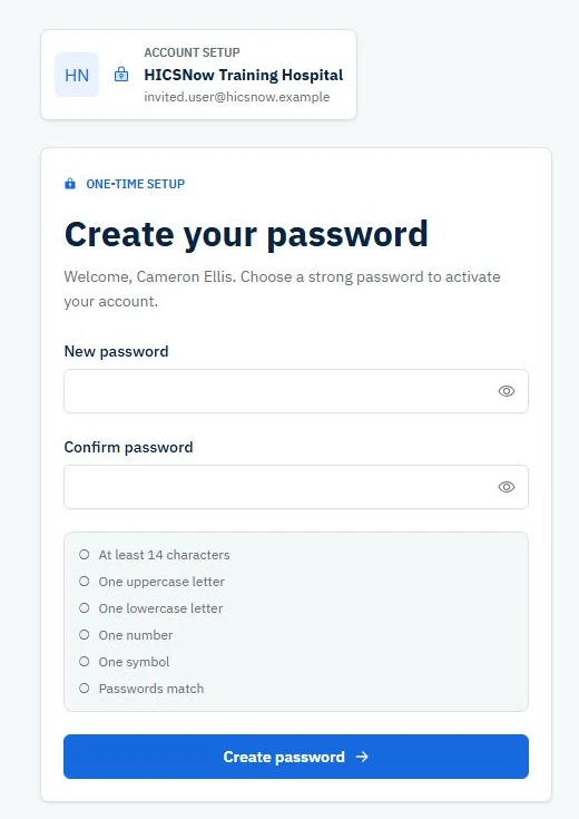 One-time password setup panel for a fictional HICSNow training account with all password requirements visible